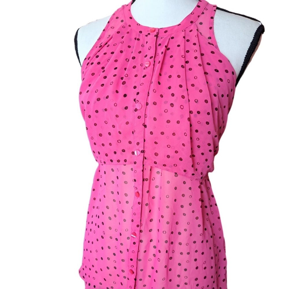 Princess Vera Wang Pink Polka Dot Sleeveless tie back Blouse Sz M button front